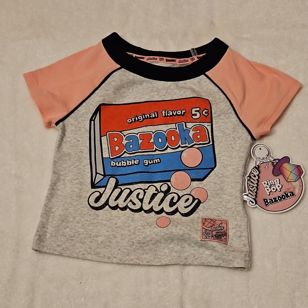Justice Bazooka Ring Pop Girls Graphic T-Shirt XS Gray Pink Crew Neck
